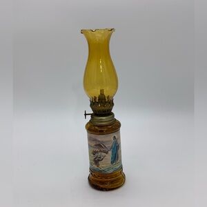 Vtg. Retro 1977 Bottle Oil Lamp Signed K. Amason Hand Blown With Ruffled Globe